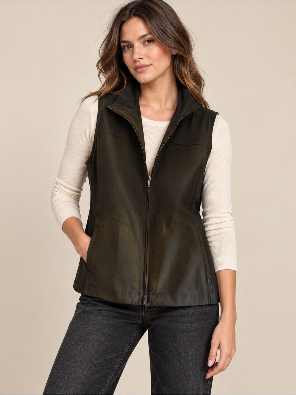 Chico’s Additions Size 2 Black Antique Gold Shimmer Full Zip Stretch Vest